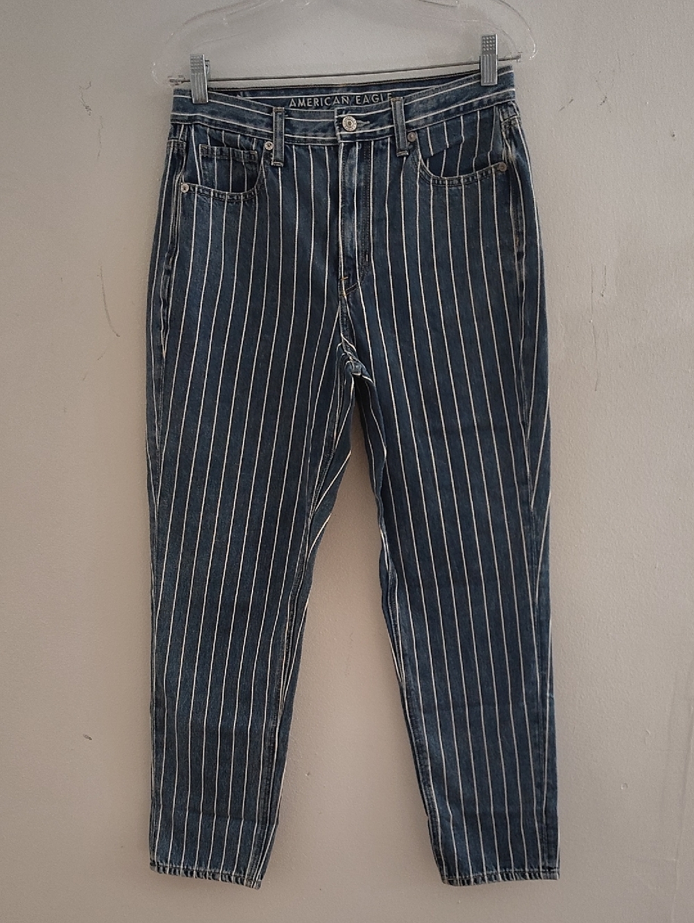 American Eagle Outfitters Mom Jeans  Blue Denim Jeans with White Pinstripes